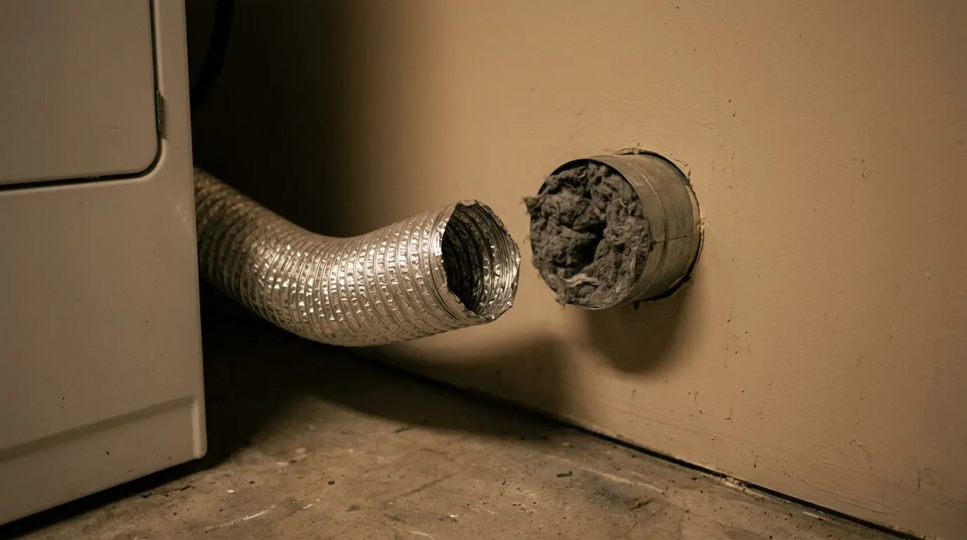 A disconnected dryer duct with a thick plug of lint pulled out of it