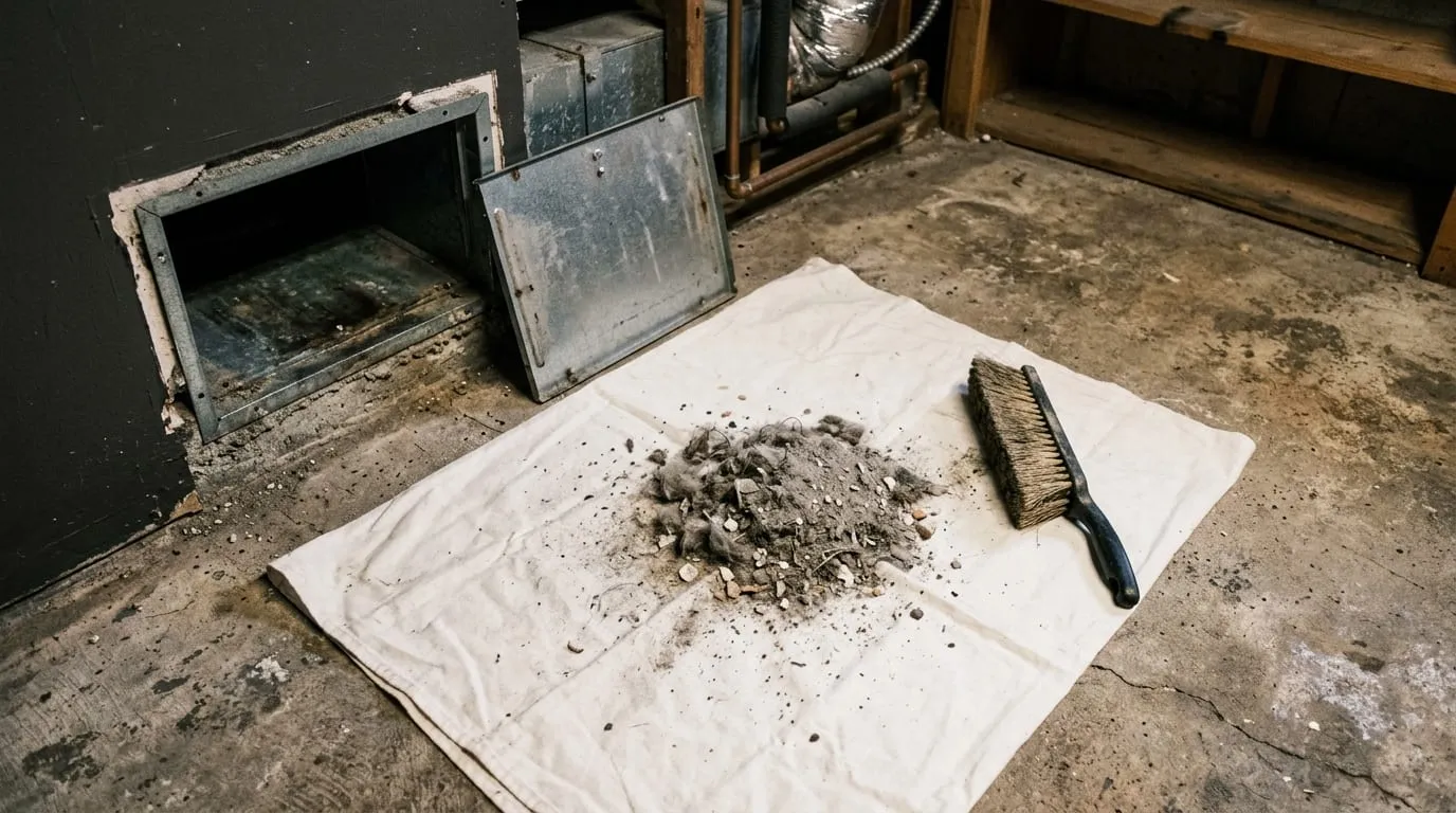 A floor register removed, dust and debris on a tarp beside a brush