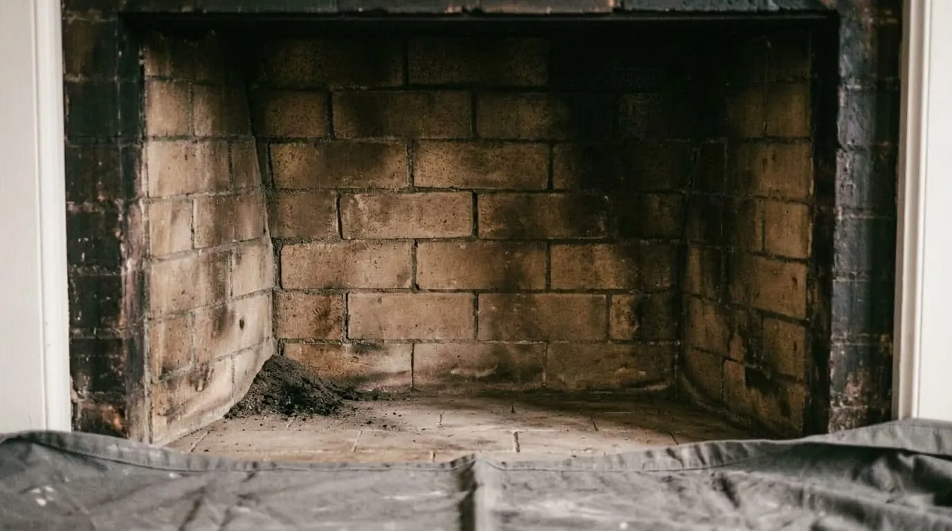 The same firebox swept clean, refractory panel and joints visible again